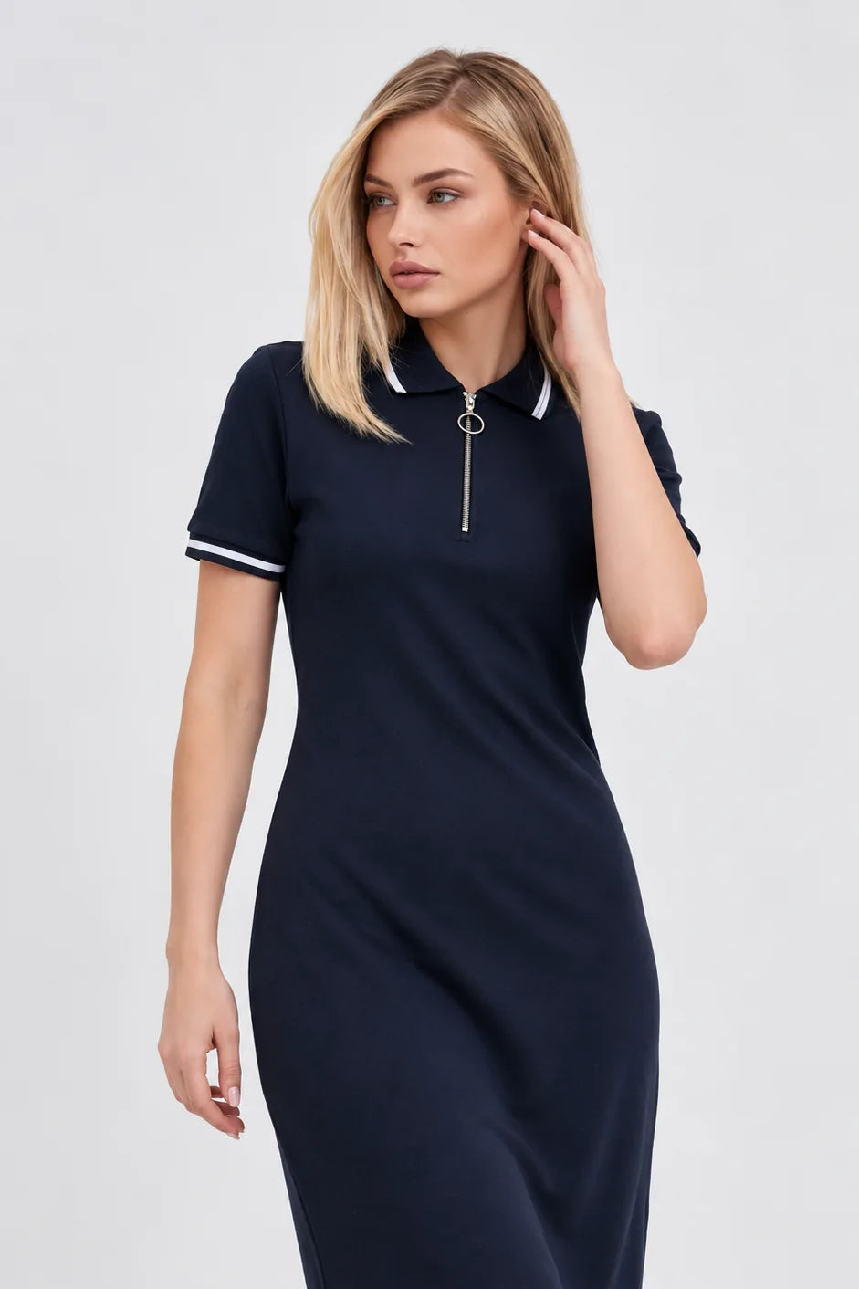 Contrast Trim Zip Neck Polo Dress