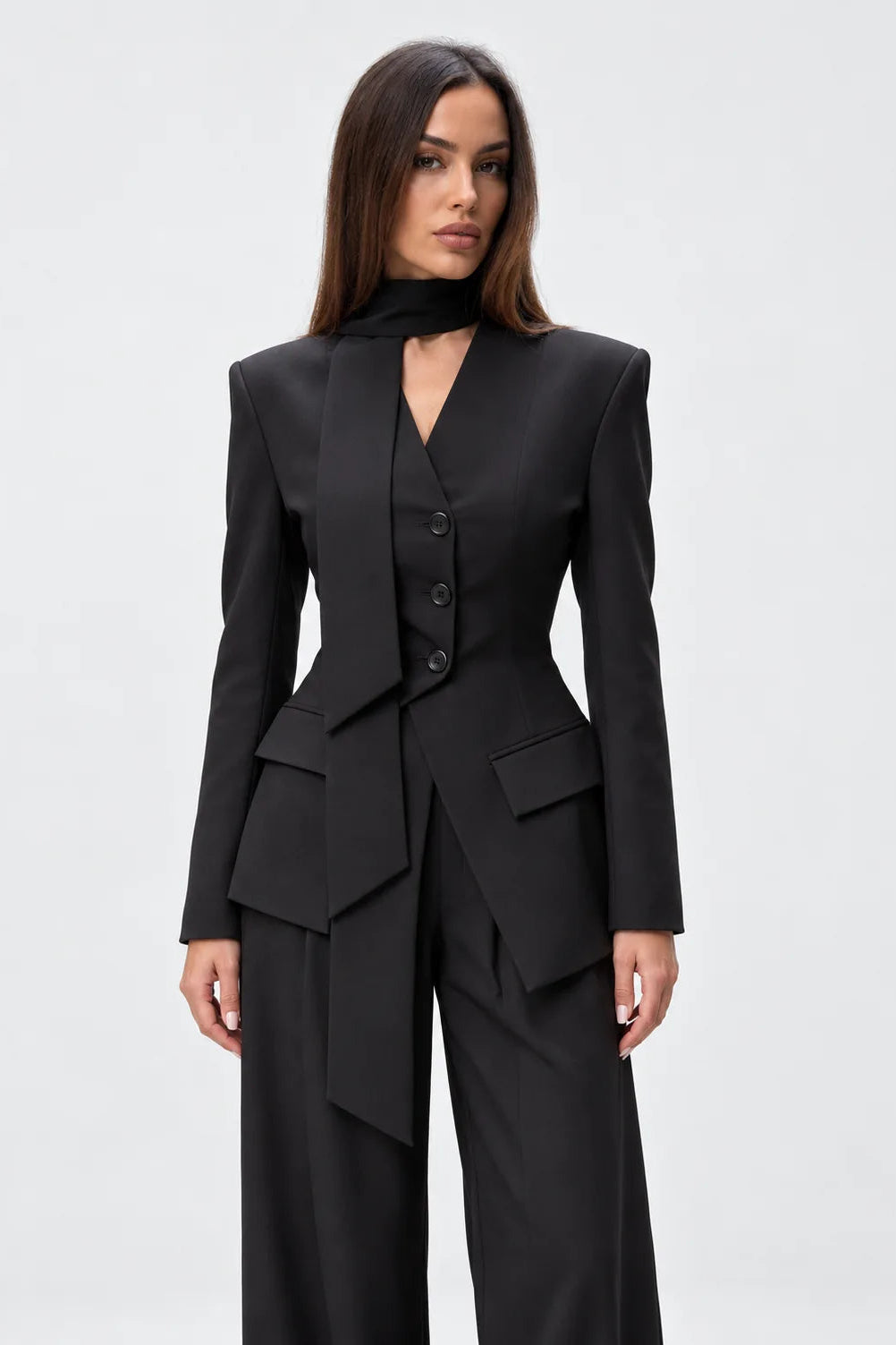 Scarf Detail Tailored Two-Piece Set