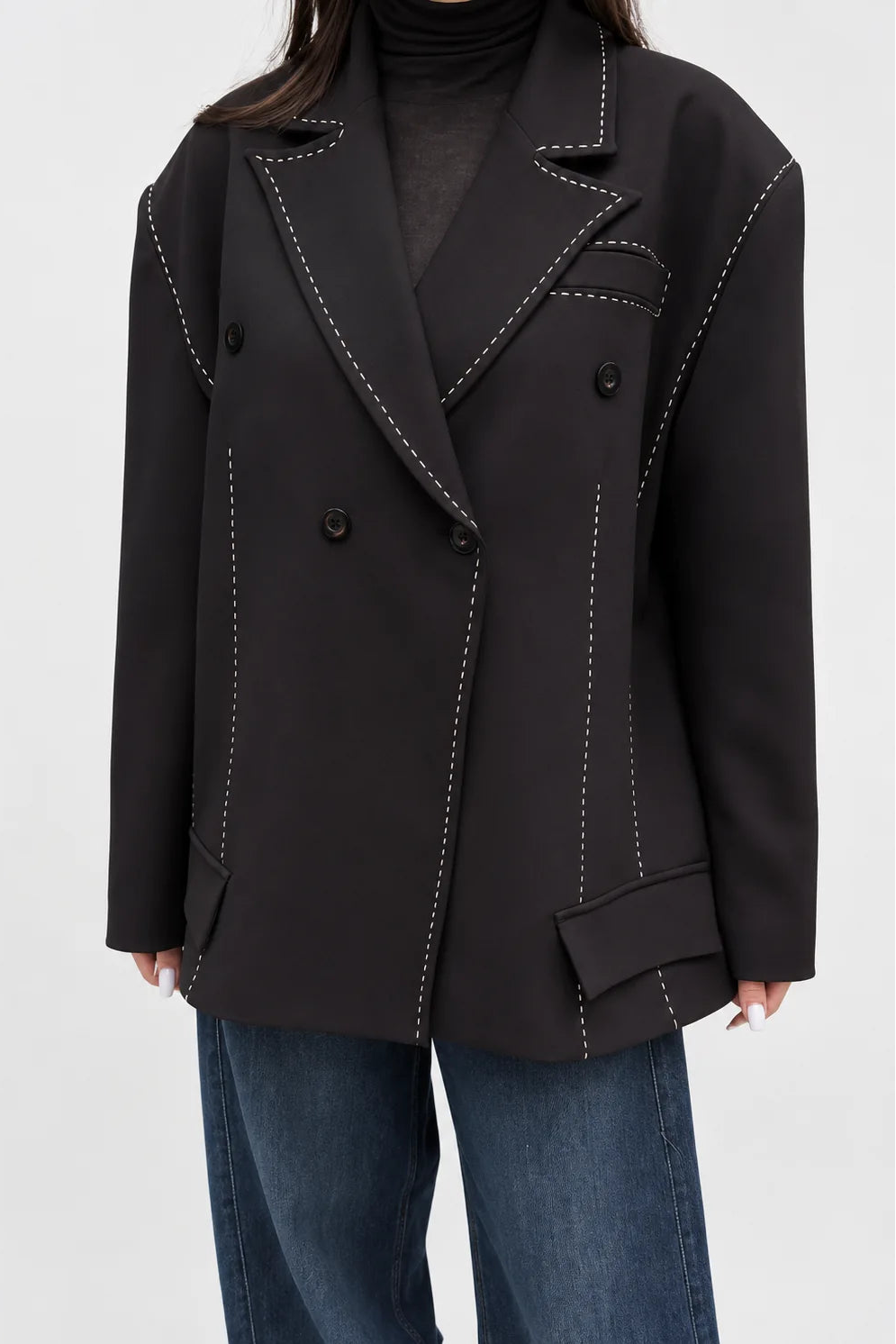 Contrast Stitch Double-Breasted Blazer