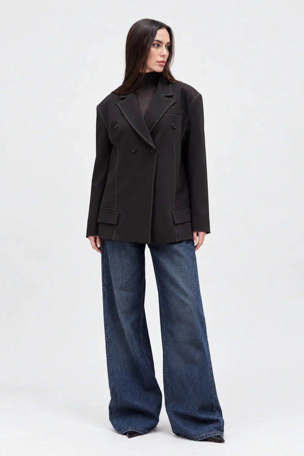 Contrast Stitch Double-Breasted Blazer