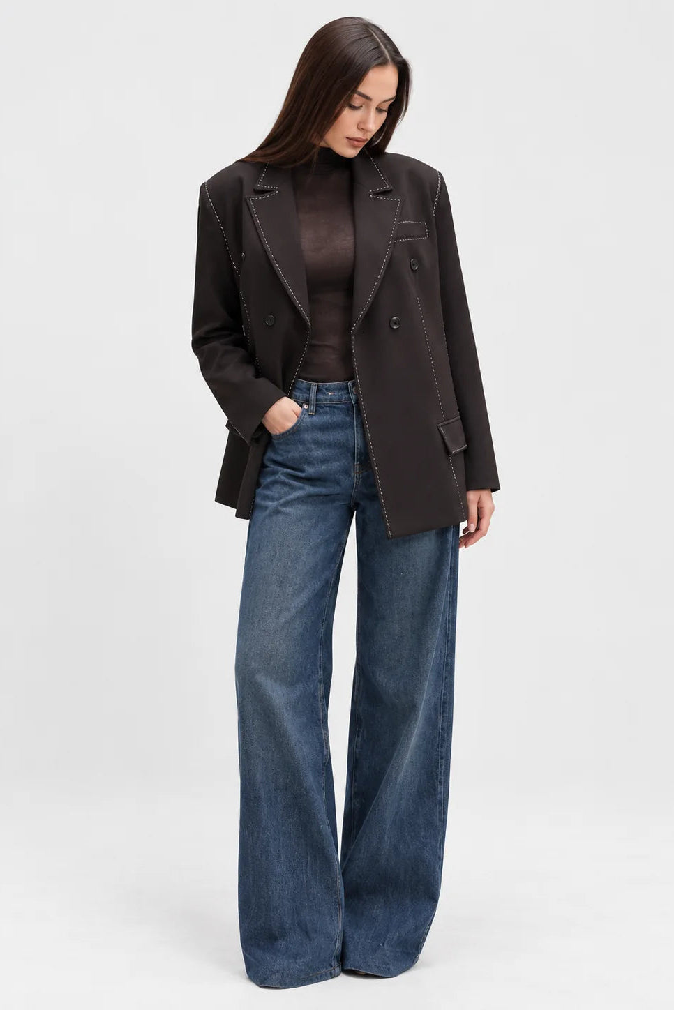 Contrast Stitch Double-Breasted Blazer