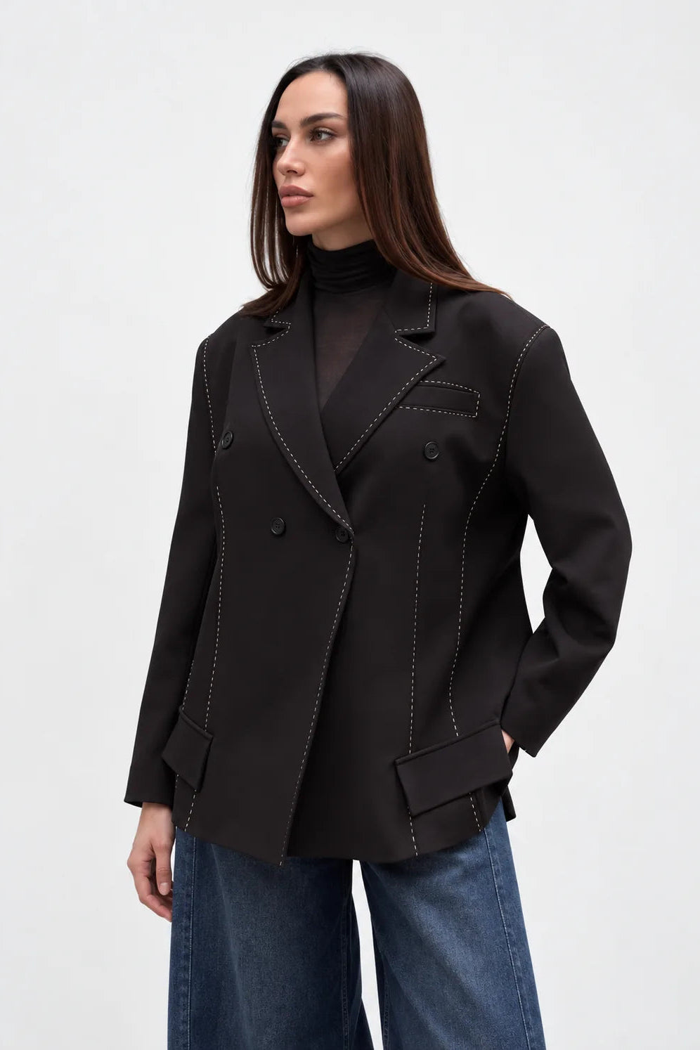 Contrast Stitch Double-Breasted Blazer