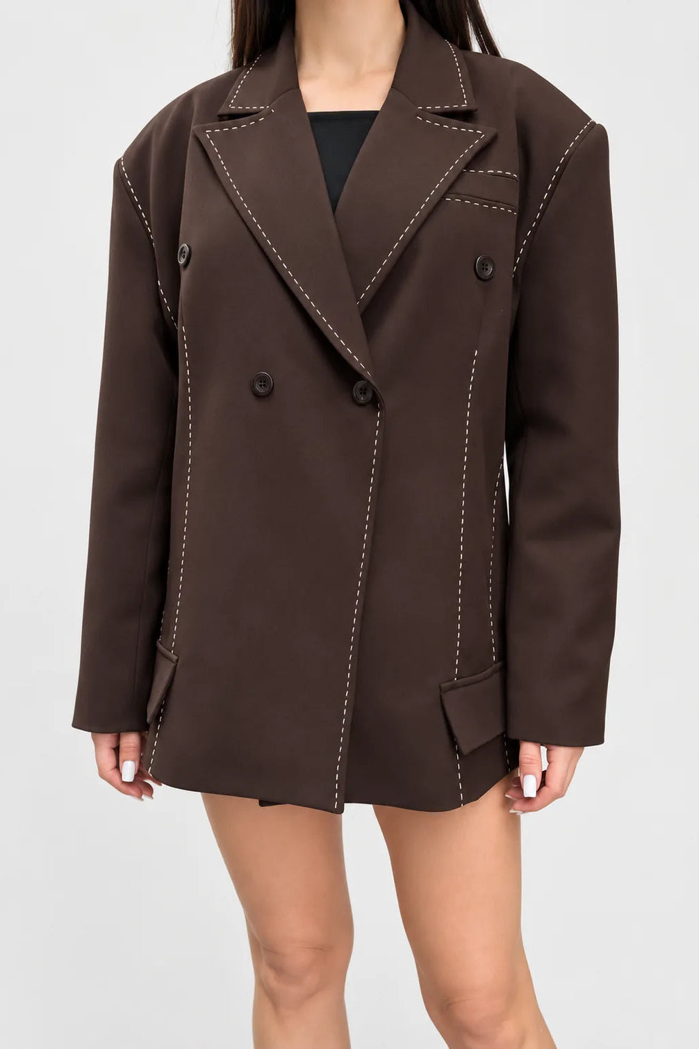 Contrast Stitch Double-Breasted Blazer
