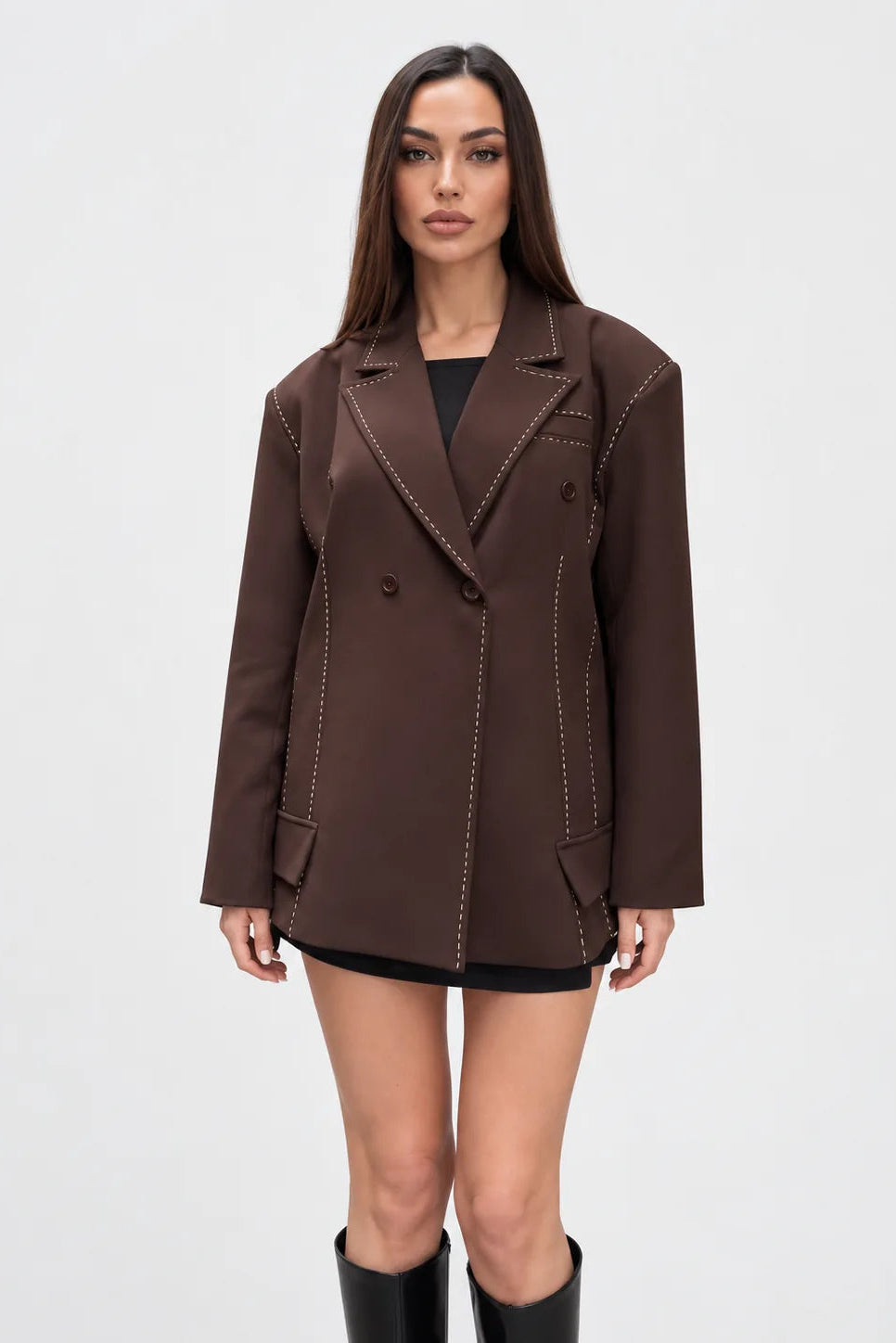 Contrast Stitch Double-Breasted Blazer