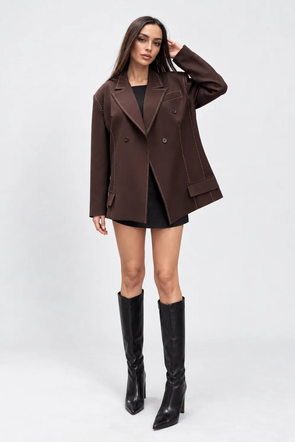 Contrast Stitch Double-Breasted Blazer