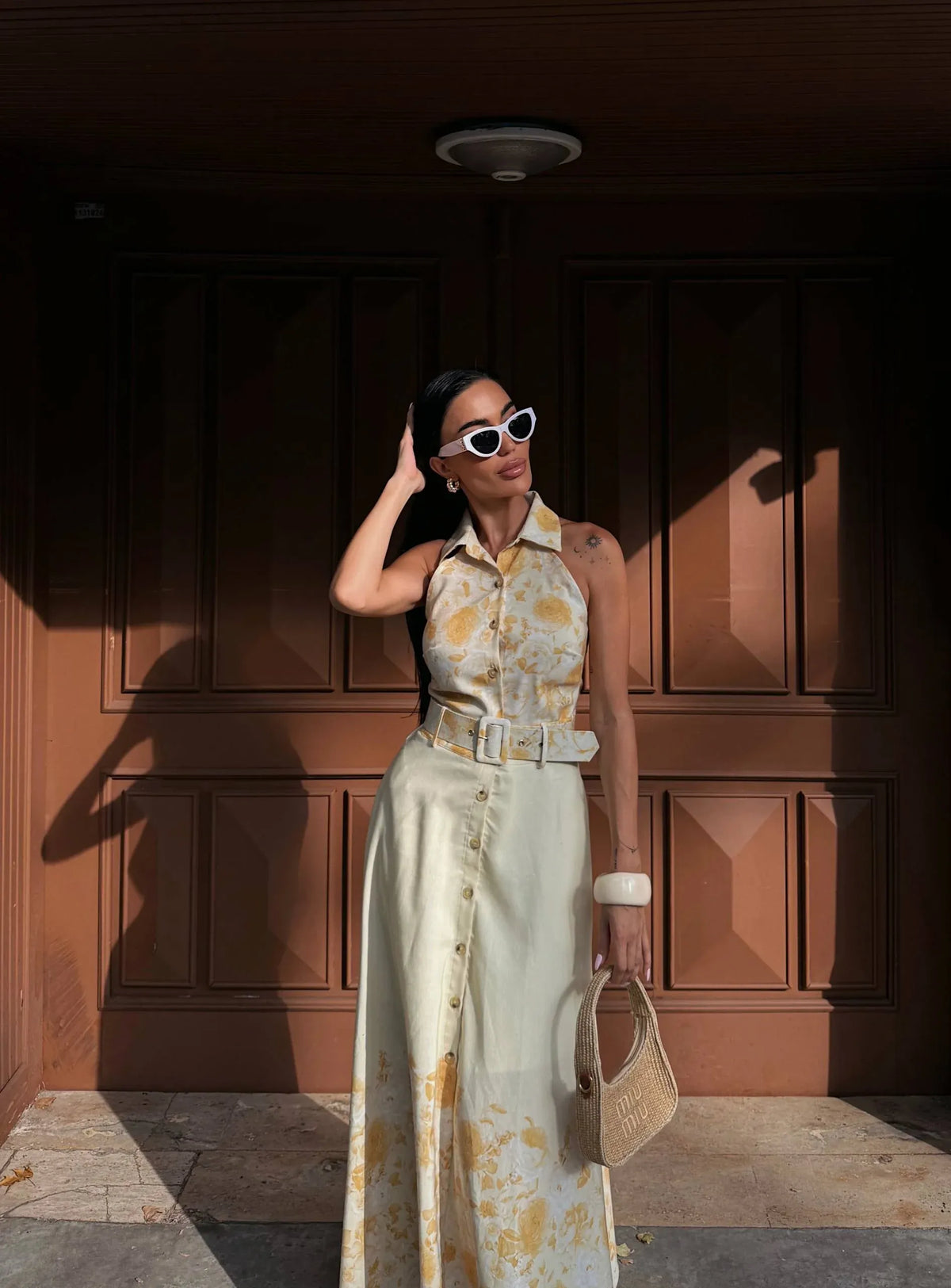 Aura Cut-Out Shoulder Button Dress