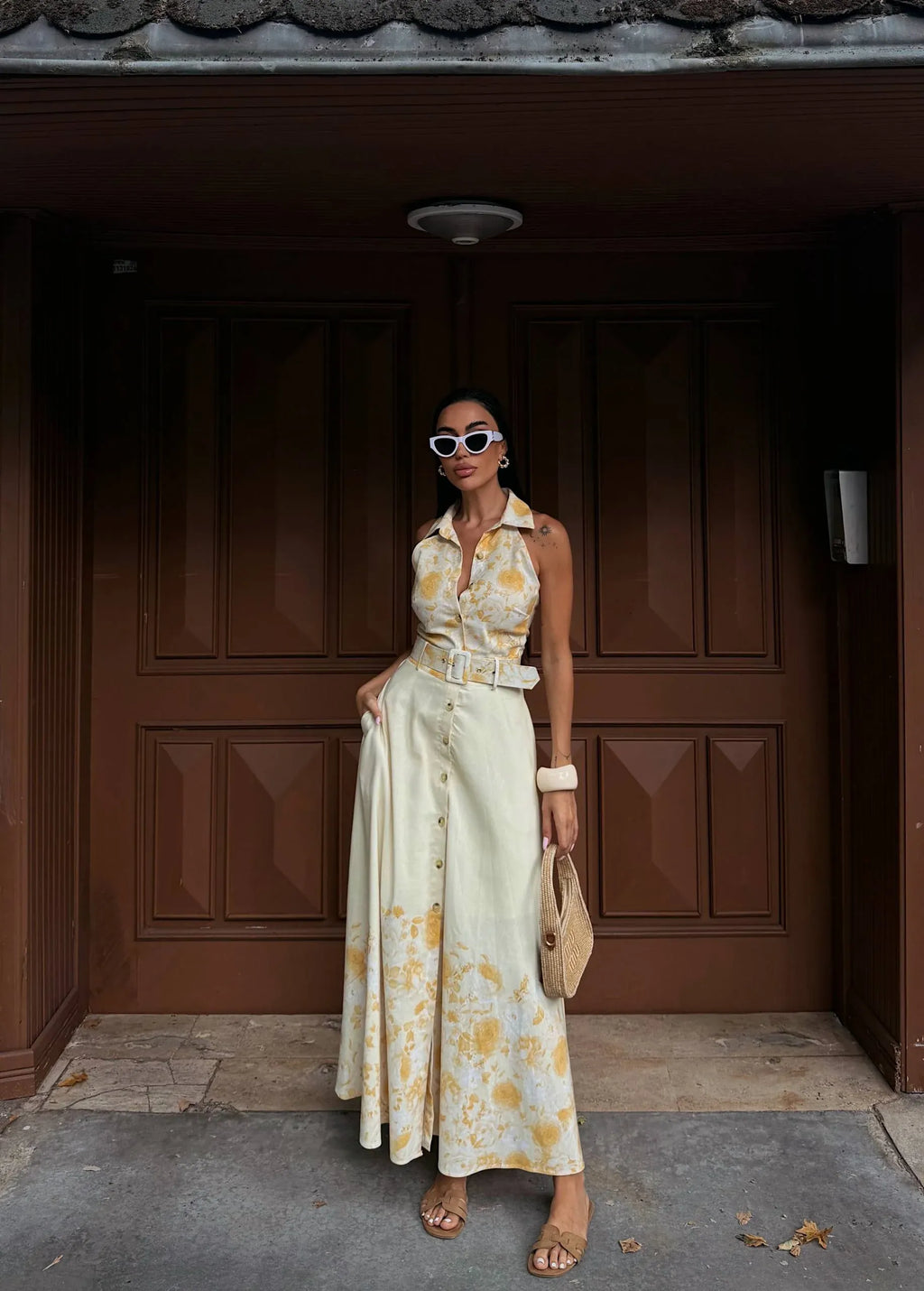Aura Cut-Out Shoulder Button Dress