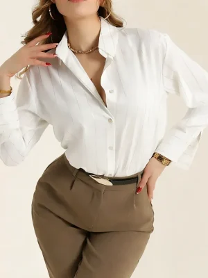 RH-NM-W-040AWHITE Woman's Loose Fit Striped Classic Shirt