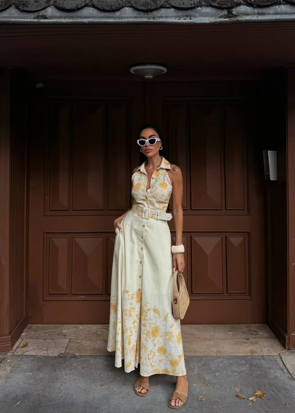 Aura Cut-Out Shoulder Button Dress